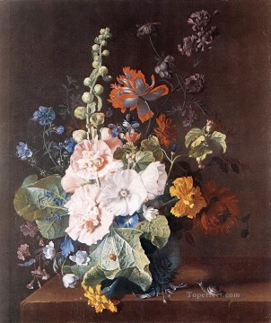  Malvarrosas Arte - Malvarrosas y otras flores en un jarrón Jan van Huysum